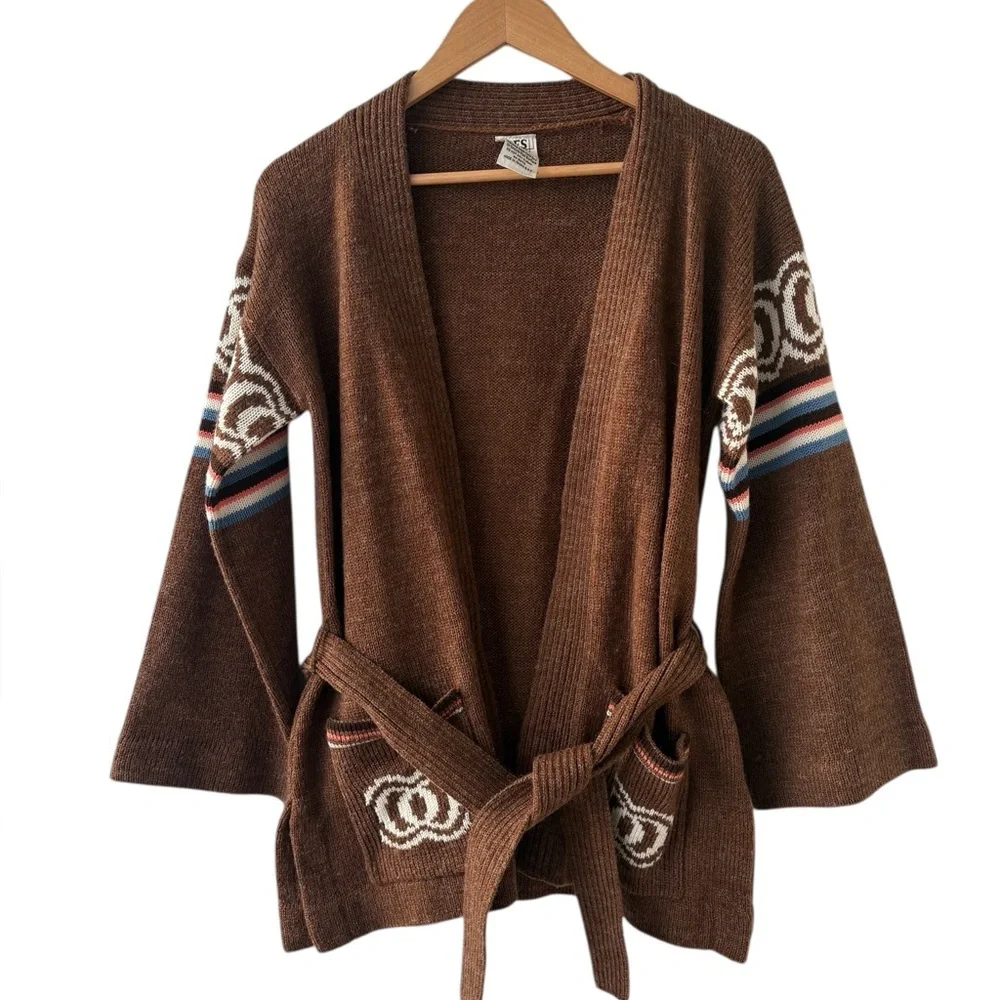 Vintage Ades of California Brown Knit Belted Cardigan Sweater Medium - Picture 11 of 11
